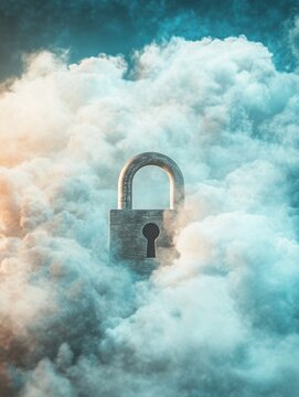 Digital cloud storage security concept featuring a padlock against a backdrop of fluffy clouds and abstract designs, symbolizing data protection and privacy in technology.
