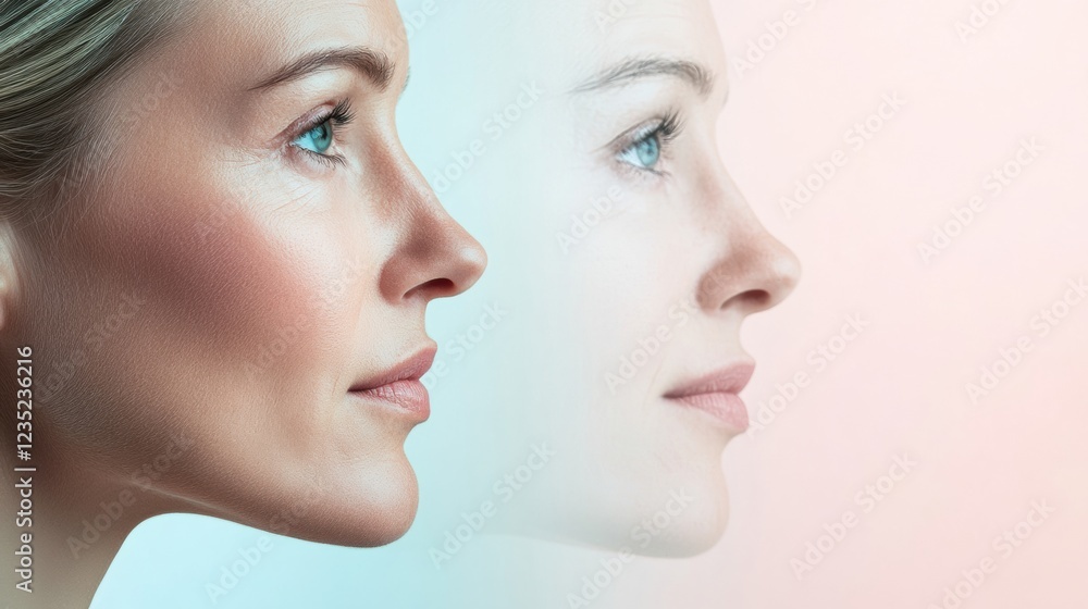 Poster contrasting youthful and aging faces showcase the passage of time and beauty differences in a serene