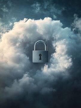 A visually striking cloud graphic featuring a padlock, symbolizing security and privacy in digital storage and cloud computing. Clouded. Illustration