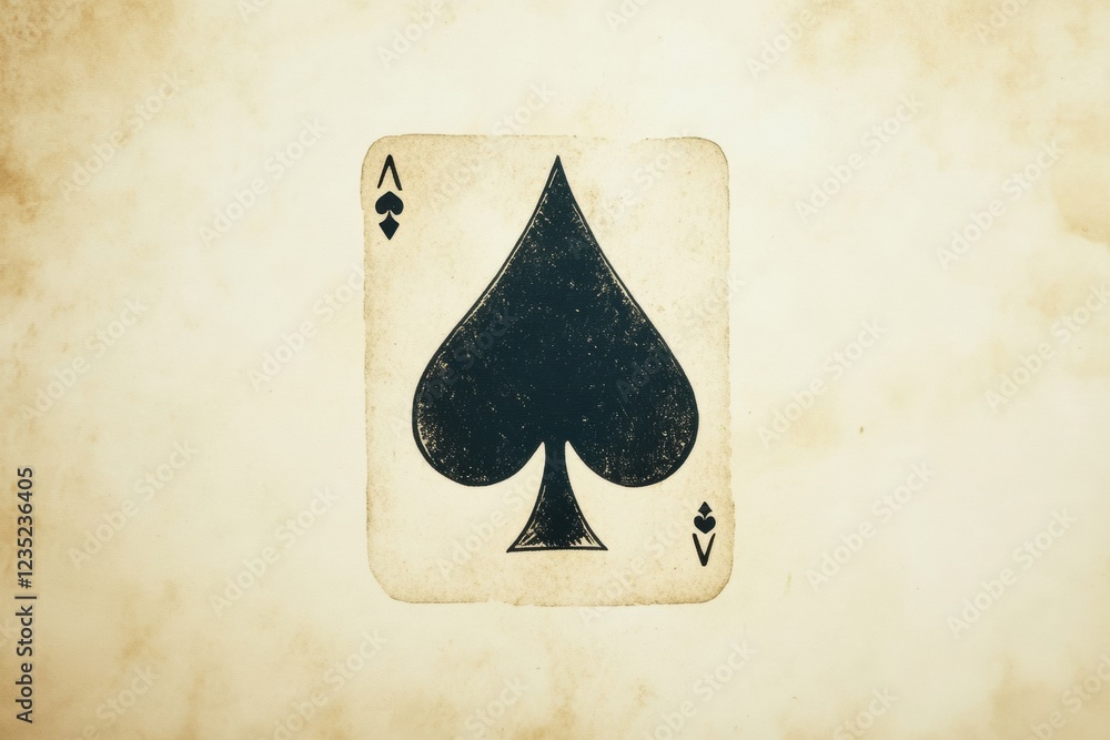 Poster vintage playing card featuring the ace of spades displayed against a textured background of aged pap