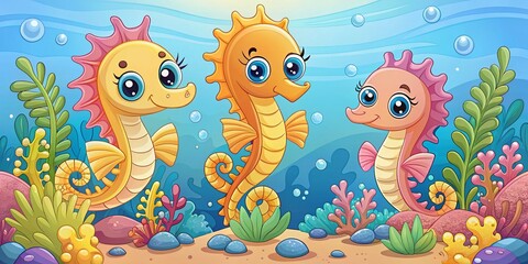 Adorable Seahorse Family Colorable Illustration for Kids