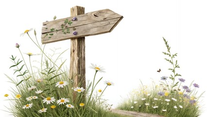 Naklejka premium Rustic Wooden Signpost in Wildflower Meadow Spring Nature Summer