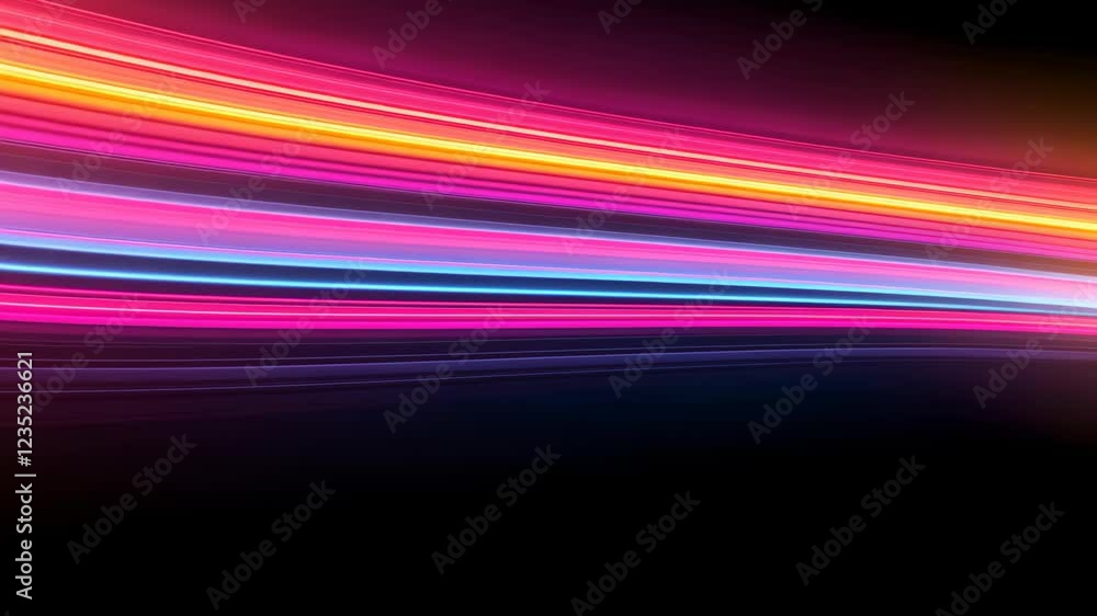 Poster dynamic explosion of neon light trails forming vivid fluid shapes against a dark background with vib