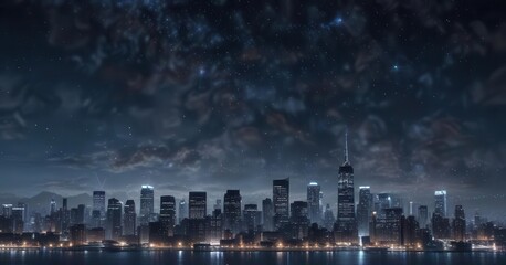 Obraz premium Dark blue night sky with glittering bokeh and sparkling stars above a cityscape, urban, glitter