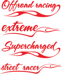 Vector word flame designs set for racing and hot rod vehicle vinyl decals. Ready-to-cut decorative graphics, great for sport cars, ATVs, off-road vehicles, trucks, motors and bikes.	