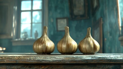 Rustic garlic heads on weathered wooden table, antique room background