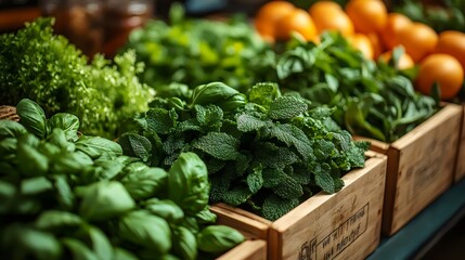 A wooden crate filled with fresh herbs and vegetables