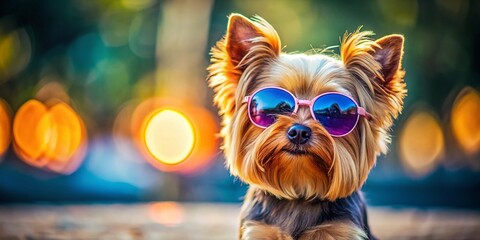 Adorable Yorkshire Terrier in Sunglasses - Cute Dog Stock Photo