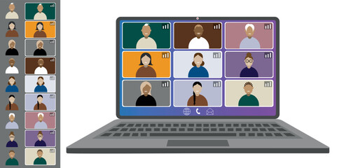 Video call conference, working from home. Colleagues of different nationalities and ages talk to each other on the laptop screen. Isolated illustration on white background in flat style trendy colors