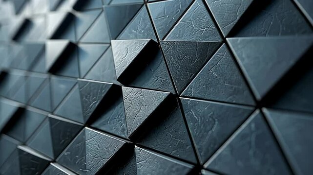 A close-up of a geometric pattern made up of interlocking triangular shapes with textured surfaces, creating an abstract design in shades of dark gray.