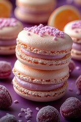 Fototapeta premium Close-up of pink macarons with decorative toppings and vibrant background