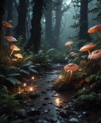 Dark forest floor with twisted exotic leaves and glowing mushrooms,  dark forest,  fungi