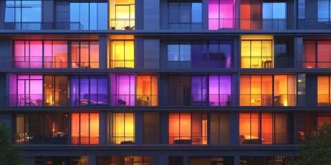 Vibrant urban apartment facade illuminated at night, showcasing colorful window lights. Ideal for real estate, architecture, and lifestyle promotions.