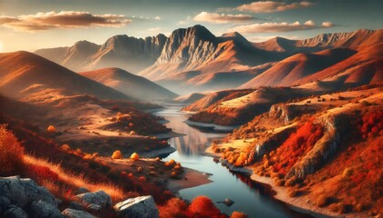 Obraz premium River winding through majestic autumn mountains at sunset