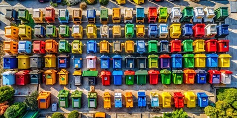 Aerial Drone Shot: Diverse Recycling & Waste Bins Collection Point