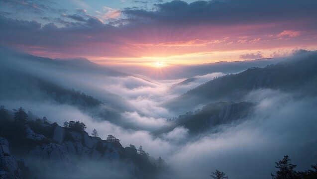 Misty mountain sunrise with soft clouds and pastel sky