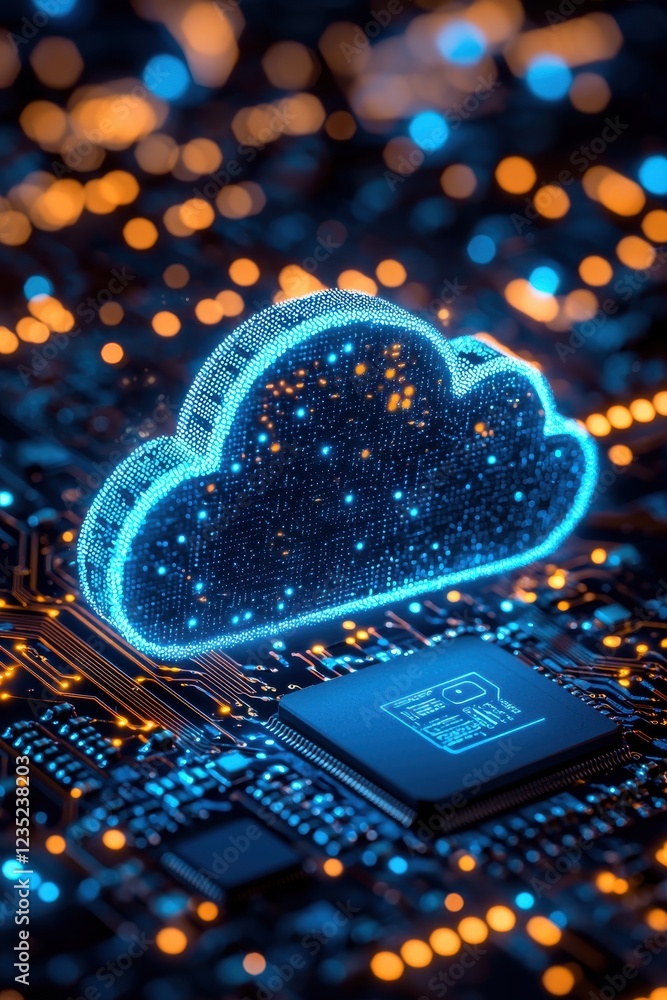 Poster blue glowing cloud icon symbolizing technology and innovation in a circuit setting