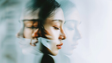 A conceptual image representing mental health and emotional well-being, featuring a fragmented, blurred face with soft, ethereal tones, symbolizing introspection and mindfulness. Generative AI.