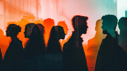 Abstract silhouettes of people overlaid with warm orange and cool teal hues, creating a surreal and modern atmosphere. Perfect for concepts of identity, society, and connections. Generative AI.