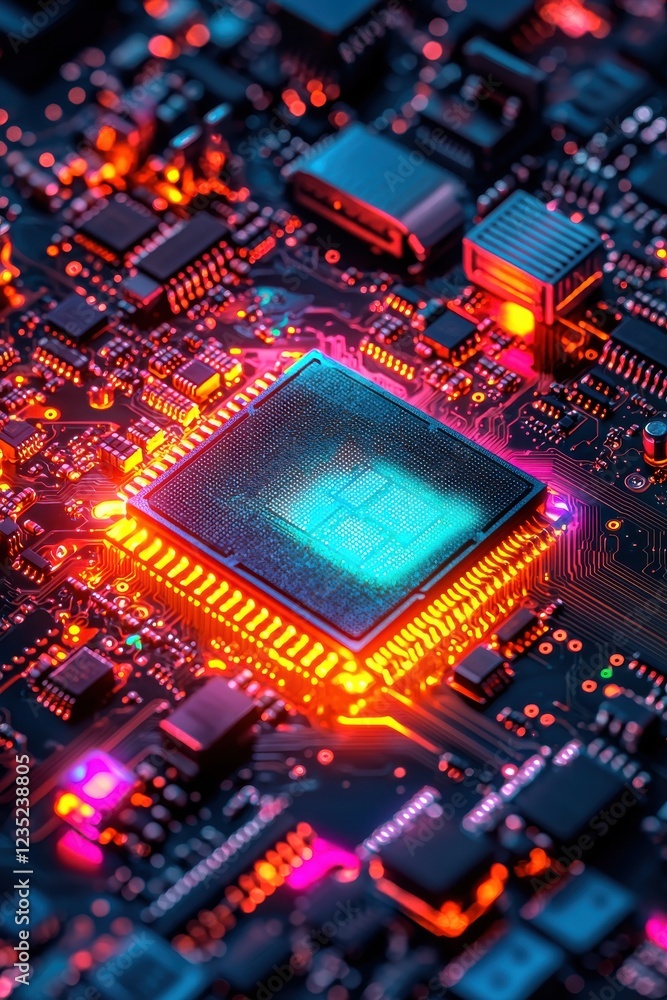 Poster illuminated microchip with vibrant colors reflecting advanced technology concepts