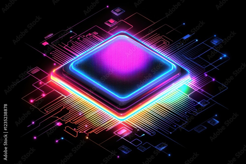 Poster vibrant digital microchip with glowing colorful circuit elements on black background