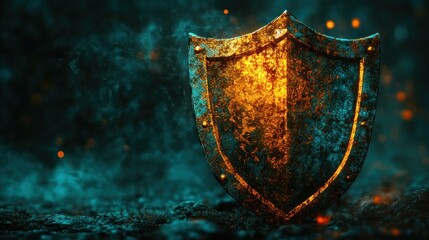 Fototapeta premium Rusty shield on dark background with fire and smoke. Possible use Fantasy illustration or game art