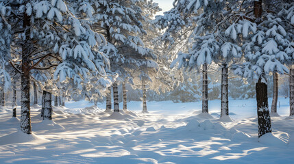 Snow-Covered Pine Forest: A serene winter scene with snow blanketing the trees and ground. 

