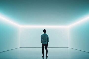 Fototapeta premium A solitary man stands in a futuristic minimalist room, surrounded by soft glowing light, evoking emotions of introspection, isolation, and contemplation. Generative AI.