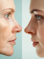 Obraz premium Contrast between aging and youth shown through two facial profiles. Generative AI