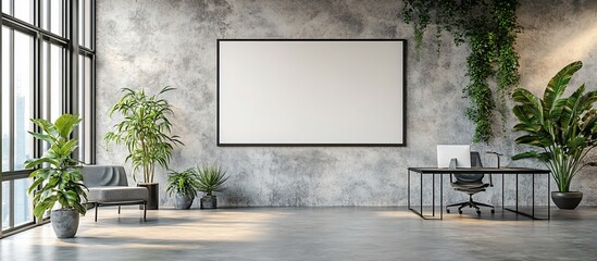 Modern Office Interior Design with Greenery and Blank Canvas