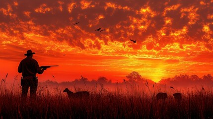 Fototapeta premium Silhouette hunter targets sheep at fiery sunrise