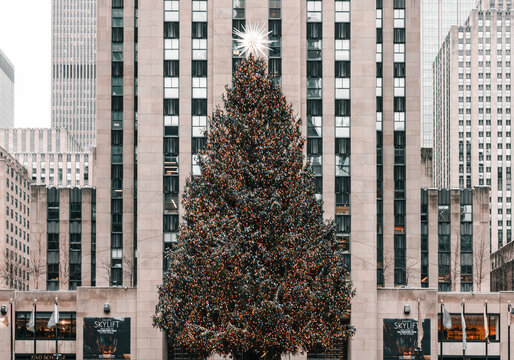 New York, USA: Christmas tree against Rockefeller center clean facade