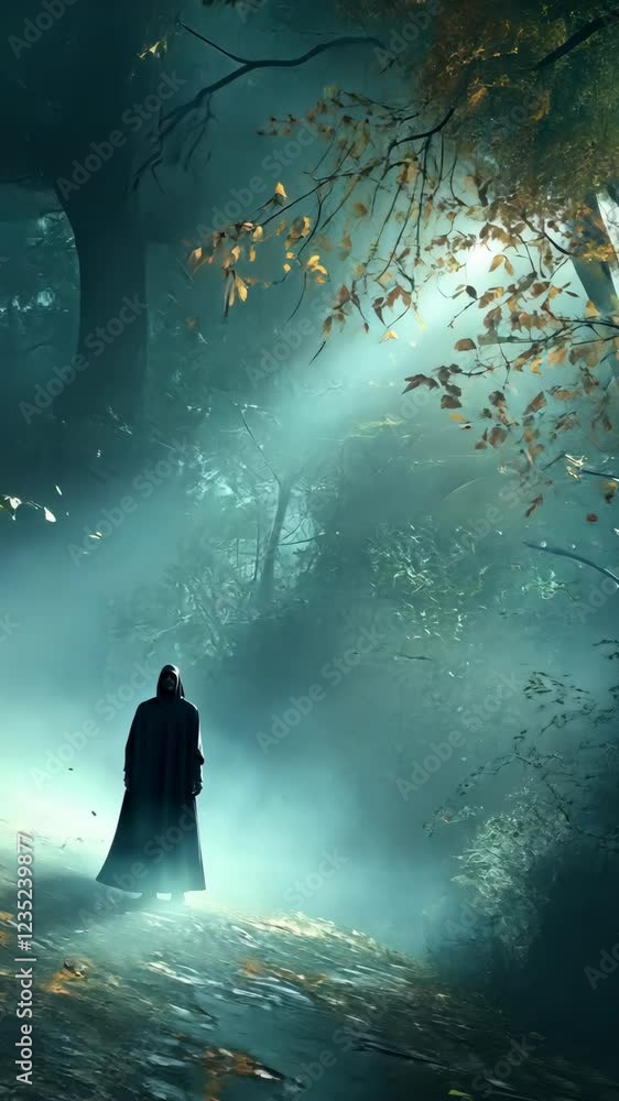 Poster Mysterious figure in a foggy forest during twilight with soft light filtering through trees