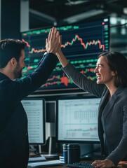 Two happy successful excited diverse traders investors giving high five celebrating successful...