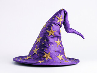 "Purple Wizard's Hat with Golden Stars, Front View, on White Background"