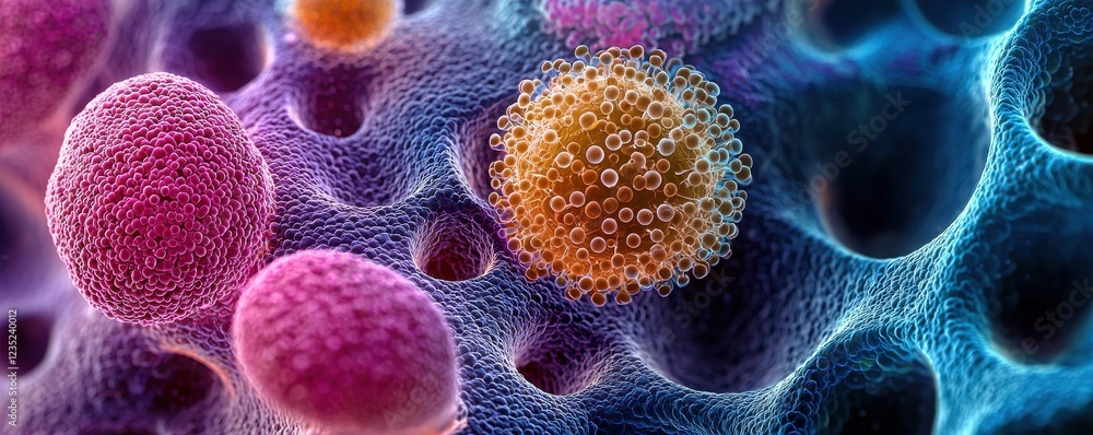 Poster close-up abstract view showing colorful cells within a biological microscopic structure