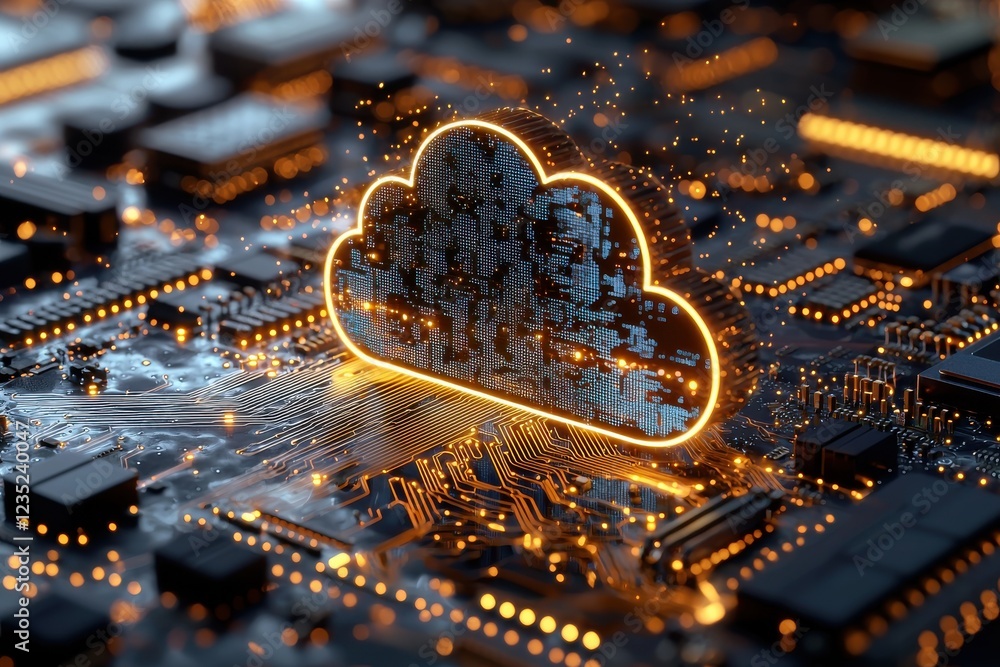 Poster digital cloud concept with illuminated circuits and futuristic technology visualization