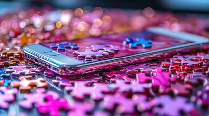 Smartphone jigsaw puzzle pieces on vibrant puzzle background