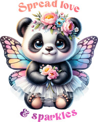 Obraz premium Adorable kids' T-shirt design featuring a baby panda with butterfly wings, a floral crown, and the cute quote 