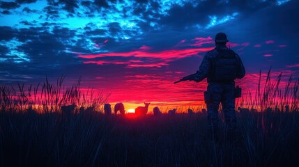 Fototapeta premium Soldier observes deer herd at sunset