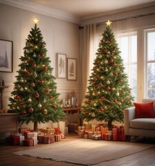 Decorated Christmas tree in a cozy living room background ,  home,  decorations