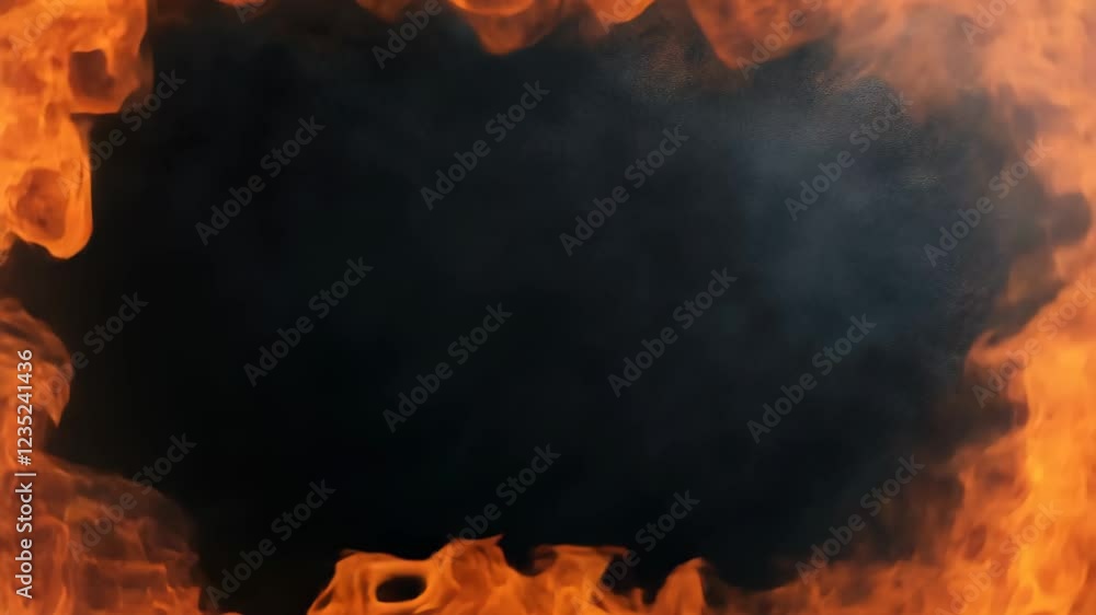 Poster dynamic fiery frame with vibrant flames encircling dark centered space for bold design concepts in a