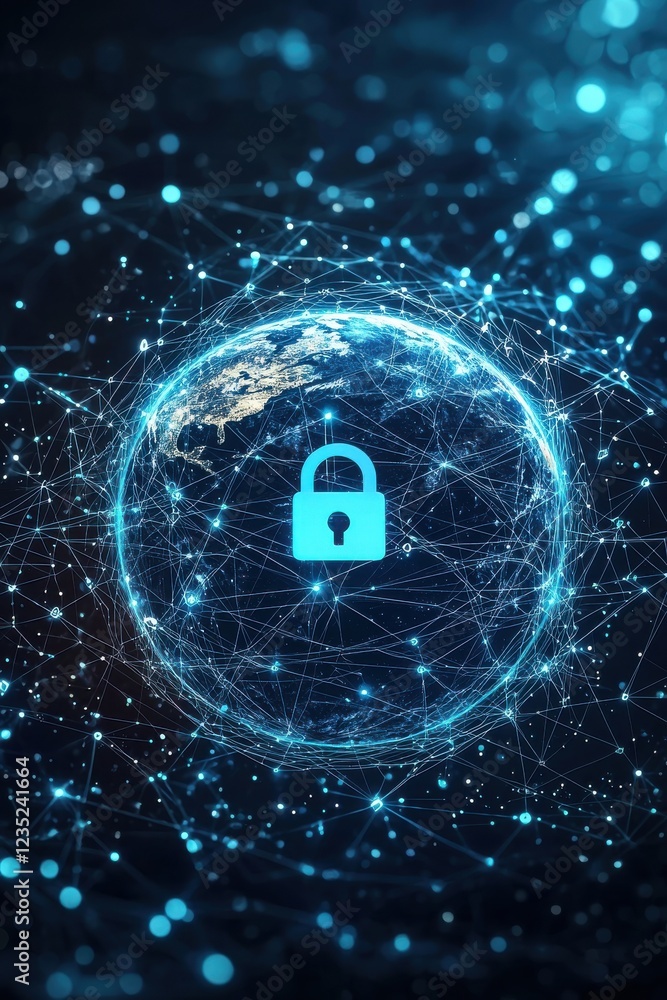 Poster digital lock icon surrounded by network connections and glowing nodes on dark background