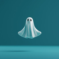 Niedliches, 3D-maniertes Gespenst mit schwarzen Augen vor turquoise Hintergrund

