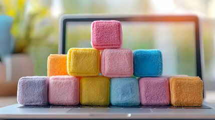 Colorful blocks stacked on laptop, home office