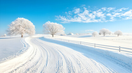 Fototapeta premium Snowy road curves through winter landscape; farm in background