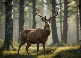 Naklejka premium Deer standing alone in forest clearing, with large eyes and curved antlers, outdoors, deer