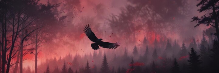 Fototapeta premium delicate black wings with soft watercolor strokes in red hues floating above a dark forest landscape , , red