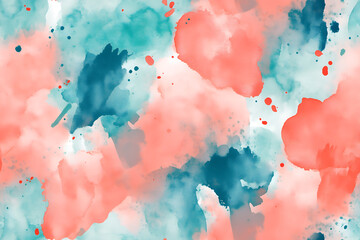 Teal And Coral Watercolor Splashes Seamless Pattern