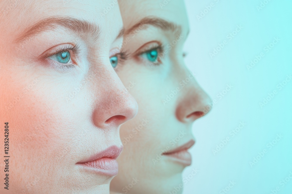 Aufkleber contrast between youth and aging in two faces highlighting beauty and time differences. generative a